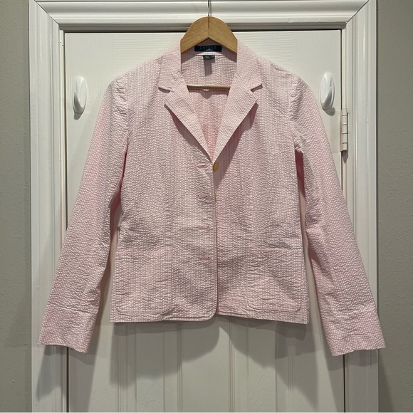 Vtg Lauren Ralph Lauren Blazer Women’s Small Petite Pink Seersucker Stretch - Picture 1 of 8
